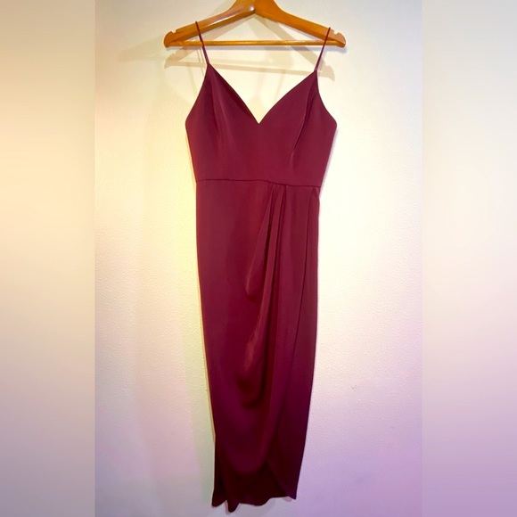 Shona Joy Port Wine Midi Cocktail Dress Sz 12 NWT – Draped Asymmetric Hem - Picture 4 of 7
